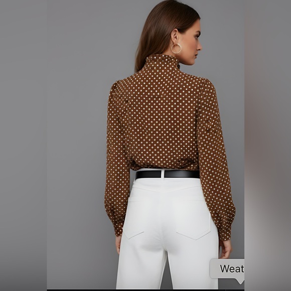 Polka Dot Ruffle Trim Shirt Brown - Picture 4 of 9